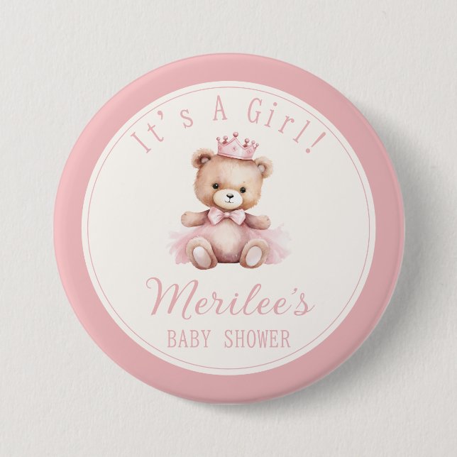 Pink Princess Bear Baby Girl Baby Shower 7.5 Cm Round Badge (Front)
