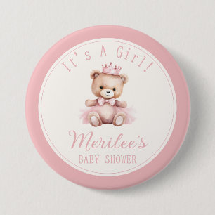Pink Princess Bear Baby Girl Baby Shower 7.5 Cm Round Badge