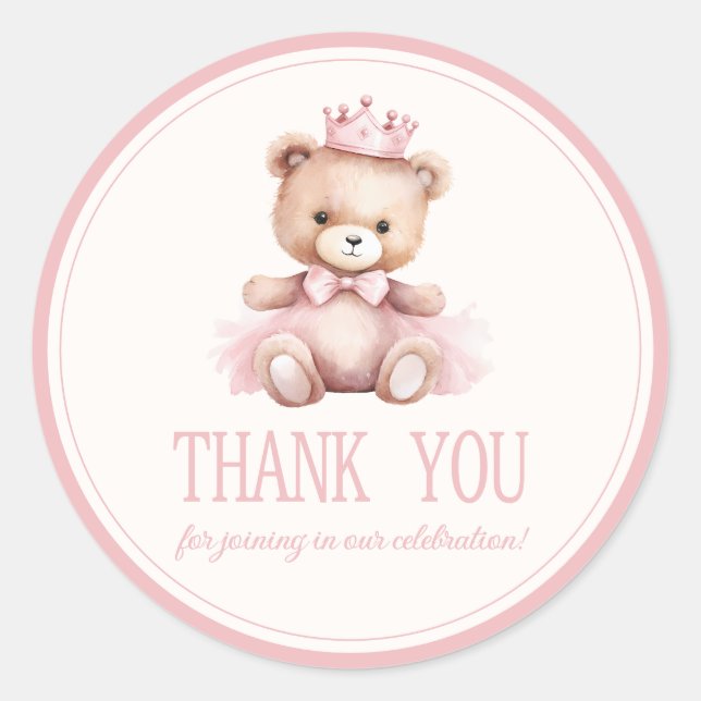 Pink Princess Bear Baby Girl Baby Shower Classic Round Sticker (Front)