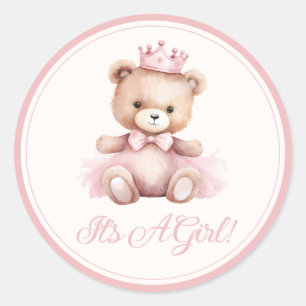 Pink Princess Bear Baby Girl Baby Shower Classic Round Sticker