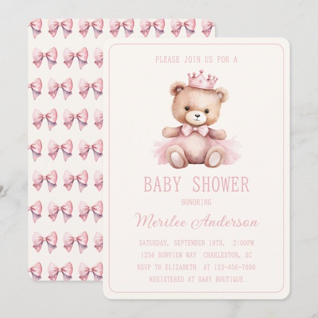 Pink Princess Bear Baby Girl Baby Shower Invitation (Front/Back)