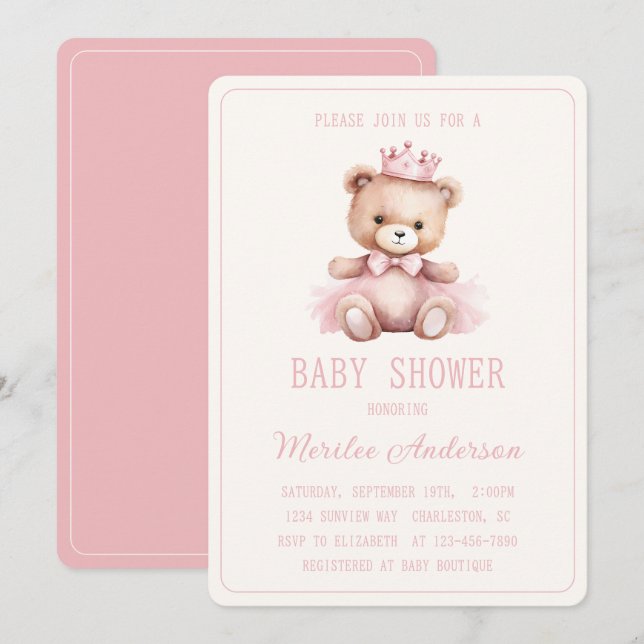 Pink Princess Bear Baby Girl Baby Shower Invitation (Front/Back)