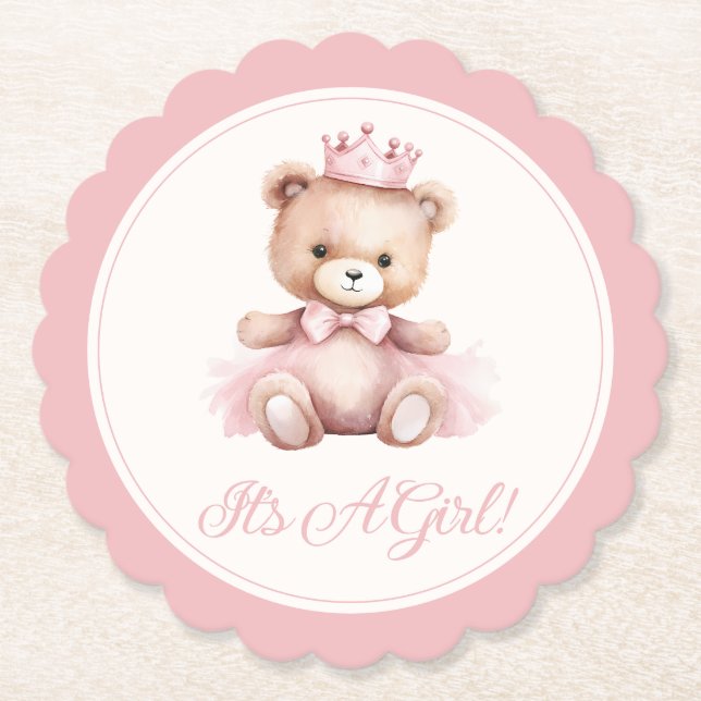 Pink Princess Bear Baby Girl Baby Shower Paper Coaster (Front)