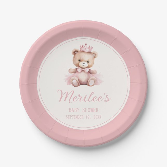 Pink Princess Bear Baby Girl Baby Shower Paper Plate (Front)