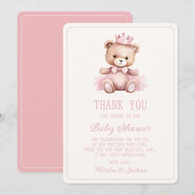 Pink Princess Bear Baby Girl Baby Shower Thank You Card (Front/Back)