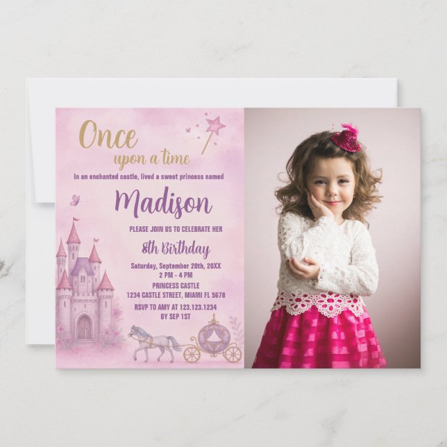 Pink Princess Birthday Invitation with photo (Front)