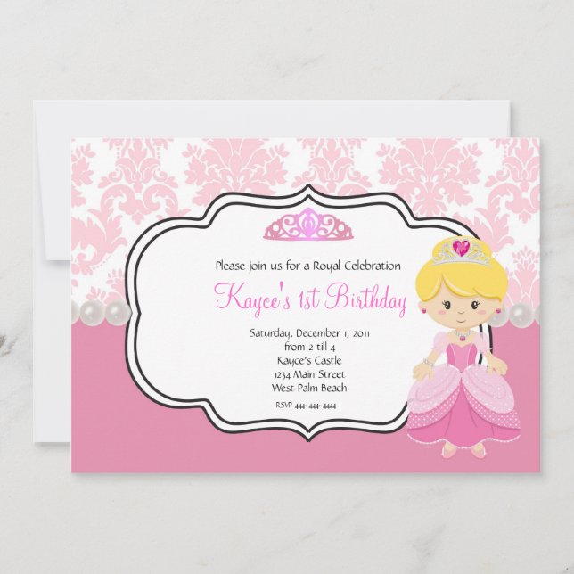 Pink Princess blonde hair  Damask and Pearls Invitation (Front)