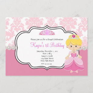 Pink Princess blonde hair Damask and Pearls Invitation