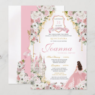 Pink Princess Blush Gold Royal Castle Quinceanera Invitation