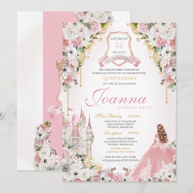 Pink Princess Blush Gold Royal Castle Quinceanera Invitation (Front/Back)