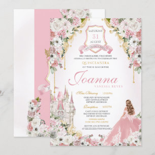 Pink Princess Blush Gold Royal Castle Quinceanera Invitation