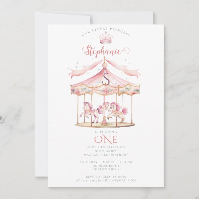 Pink Princess Carousel Magical 1st Birthday Girl Invitation (Front)