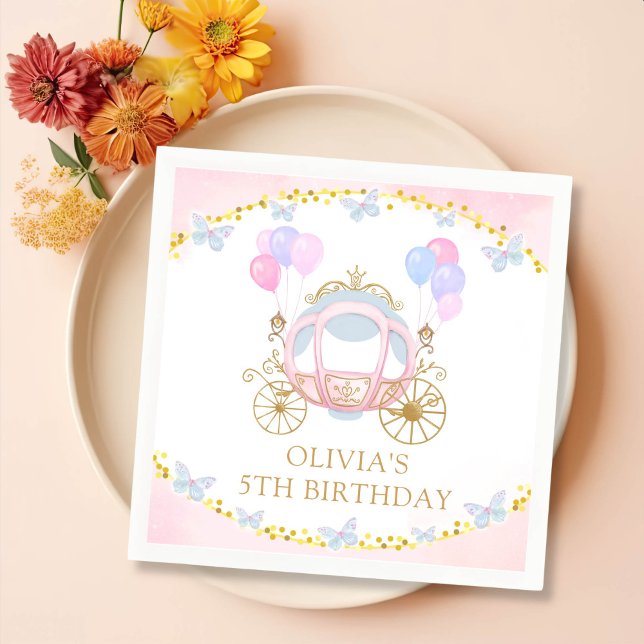 Pink Princess Carriage Girl Birthday Party Napkin (Creator Uploaded)