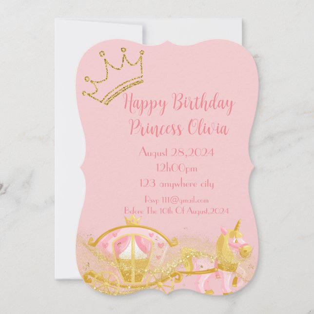 pink princess carriage girl birthday  save the date (Front)