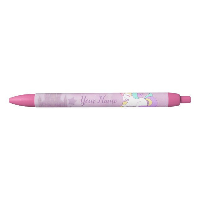 Pink Princess Castle and Cute Magical Baby Unicorn Black Ink Pen (Front)