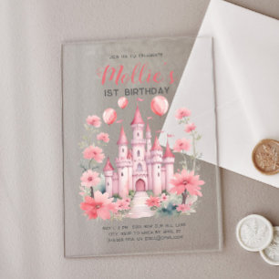 Pink Princess Castle Baby Girl's 1st Birthday Acrylic Invitations