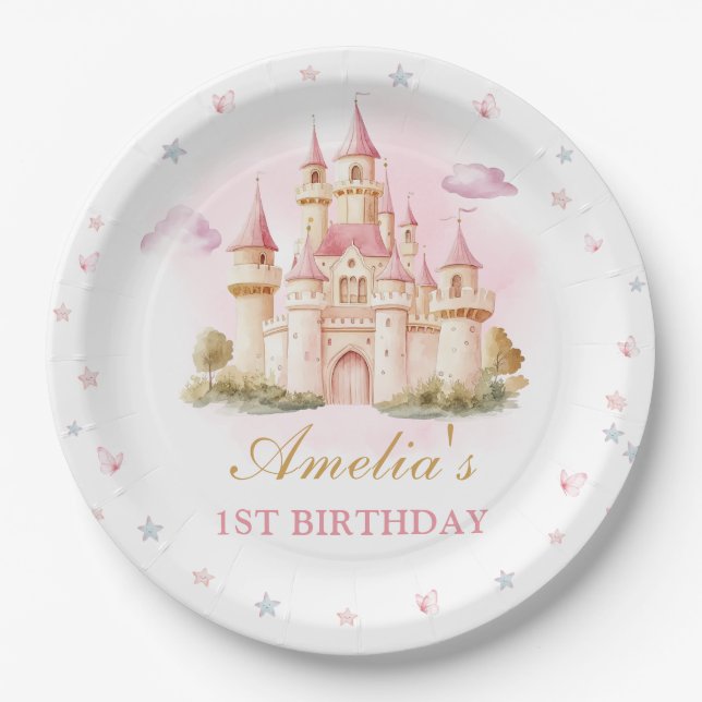 Pink Princess Castle Birthday Party Paper Plate (Front)