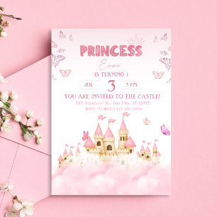 Pink Princess Castle Enchanting Whimsical Clouds Invitation