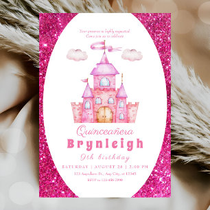 Pink princess castle girl birthday party invitation