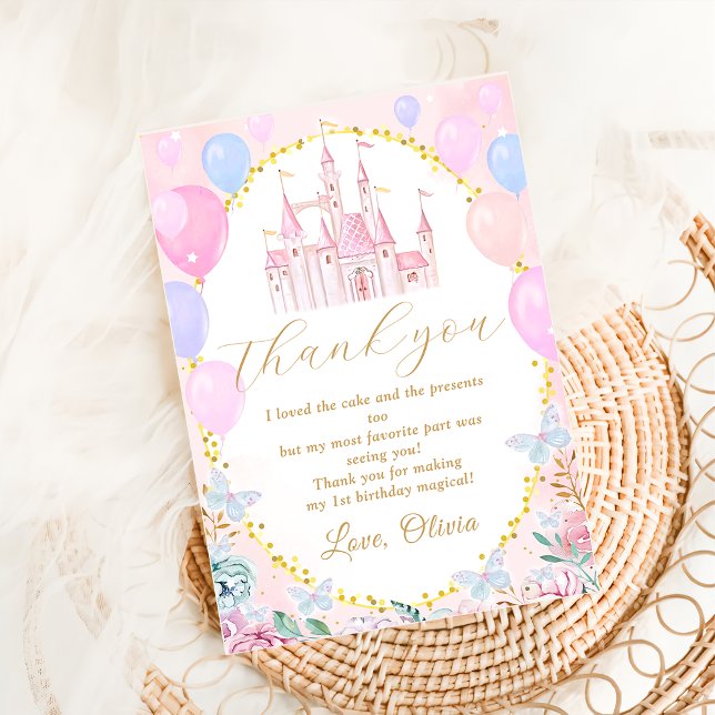 Pink Princess Castle Girl Birthday Thank You Card (Creator Uploaded)