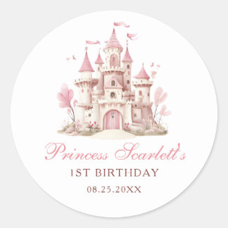 Pink Princess Castle Girl's Birthday Party Classic Round Sticker