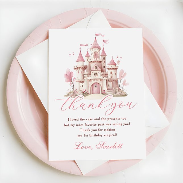 Pink Princess Castle Girl's Birthday Party Thank You Card (Creator Uploaded)