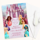 Pink Princess Castle Royal Kid Girl Birthday  Invitation<br><div class="desc">A princess themed girls Birthday invitation template. The princess design features a pink magic castle surrounded by princesses in rainbow multicolor dresses. Personalise by editing the digital or printed invite with your unique event details.</div>