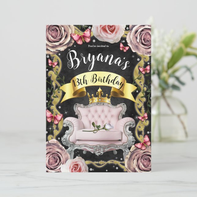 Pink Princess Chair Roses & Butterflies Birthday Invitation (Standing Front)