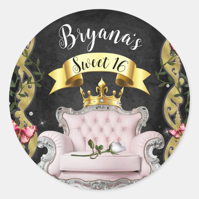 Pink Princess Chair Roses & Butterflies Sweet 16   Classic Round Sticker (Front)