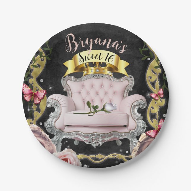Pink Princess Chair Roses & Butterflies Sweet 16  Paper Plate (Front)
