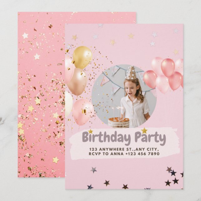 Pink Princess Confetti Birthday Invitation (Front/Back)