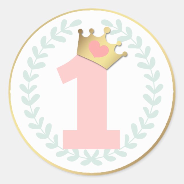 Pink Princess Crown Baby Girl First Birthday Classic Round Sticker (Front)