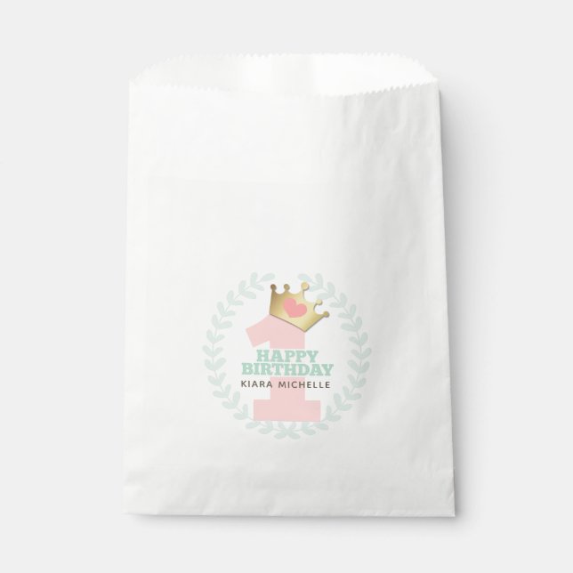 Pink Princess Crown Baby Girl First Birthday Party Favour Bags (Front)