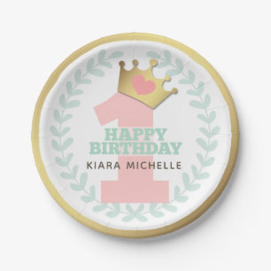 Pink Princess Crown Baby Girl First Birthday Party Paper Plate