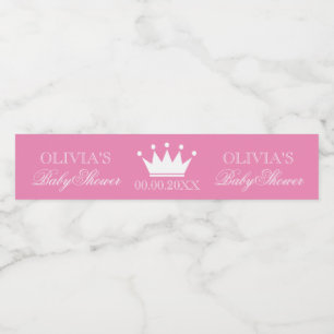 Pink princess crown chic girls baby shower custom water bottle label