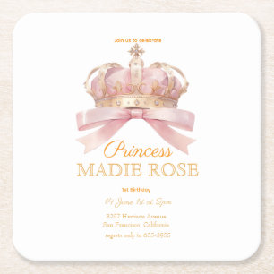 Pink Princess Crown Fairytale Birthday Square Paper Coaster