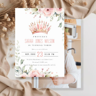 Pink Princess Crown Tiara Floral Photo Birthday Invitation