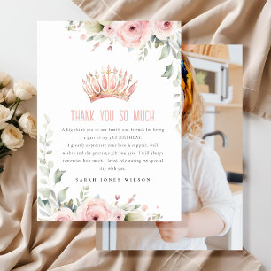 Pink Princess Crown Tiara Floral Photo Birthday Thank You Card