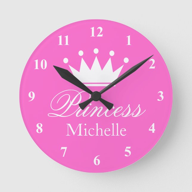 Pink princess crown wall clock with girls name (Front)