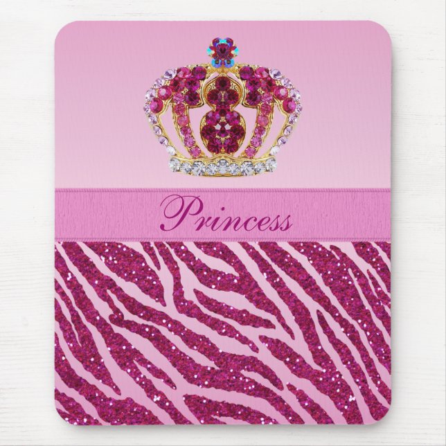 Pink Princess Crown Zebra Glitter Print Mousepad (Front)