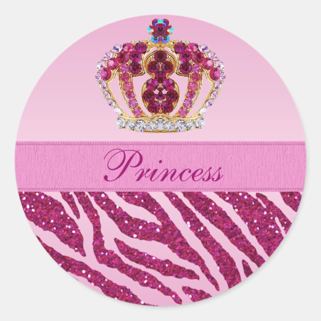Pink Princess Crown Zebra Glitter Print Stickers (Front)