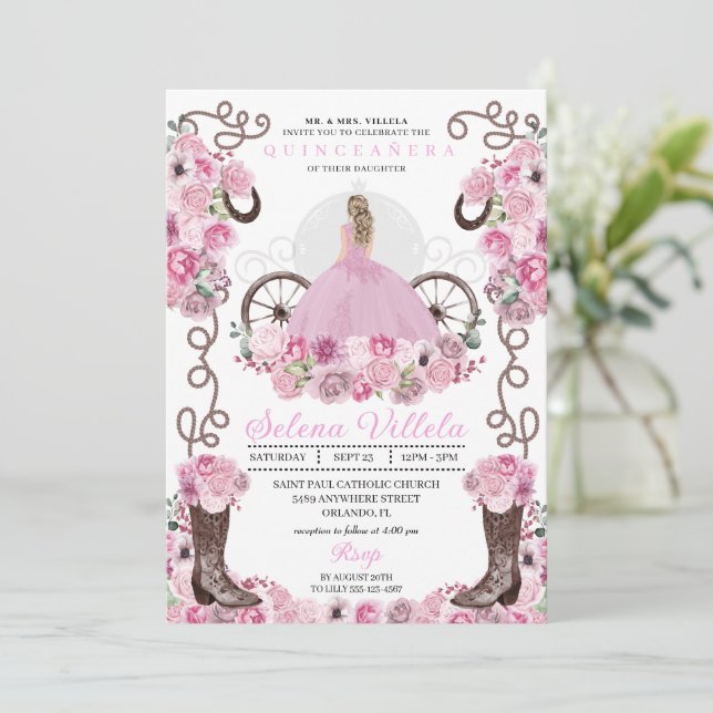 Pink Princess Dress & Boots Quinceañera Invitation (Standing Front)