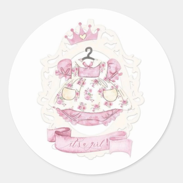 Pink Princess Dress Girl Baby Shower Classic Round Sticker (Front)