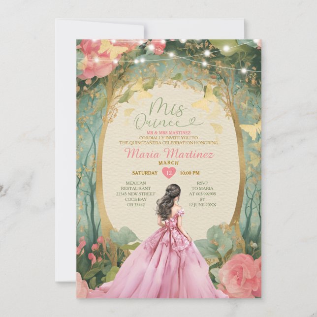 Pink Princess Dress Gold Forest Mis Quince Invitation (Front)