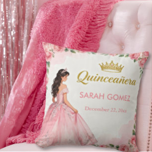 Pink Princess Dress Gold Tiara Quinceañera Cushion