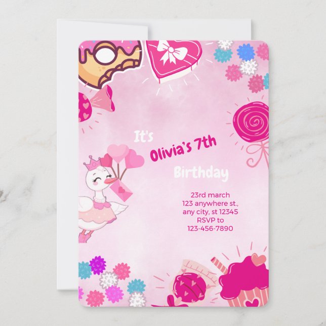 Pink Princess Duck – Customisable birthday Invitation (Front)