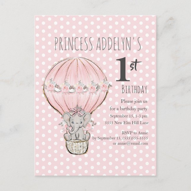 Pink Princess Elephant Balloon Dots 1st Birthday Invitation Postcard (Front)