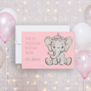 Pink Princess Elephant Birthday Thank You Card