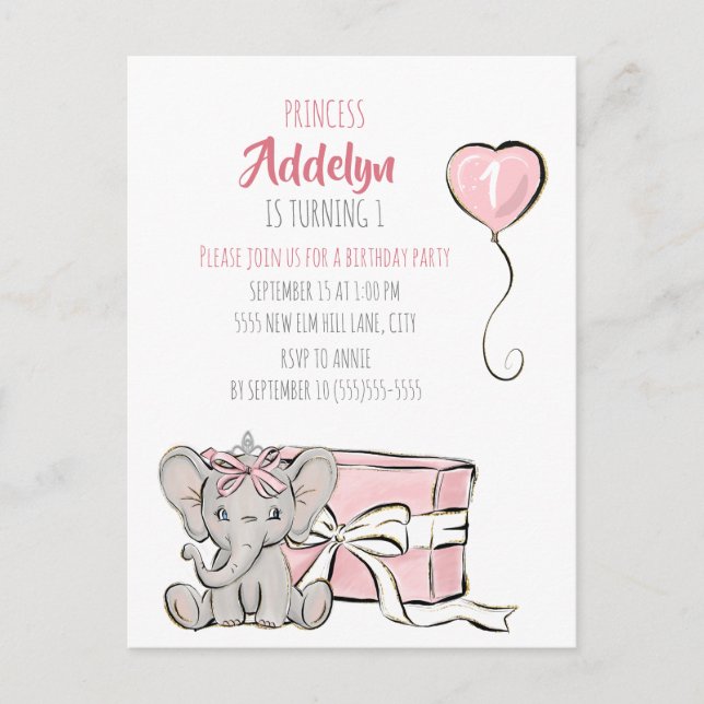 Pink Princess Elephant Child's 1st Birthday Party Invitation Postcard (Front)