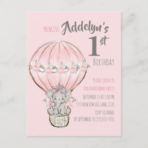 Pink Princess Elephant Hot Air Balloon Balloon Invitation Postcard